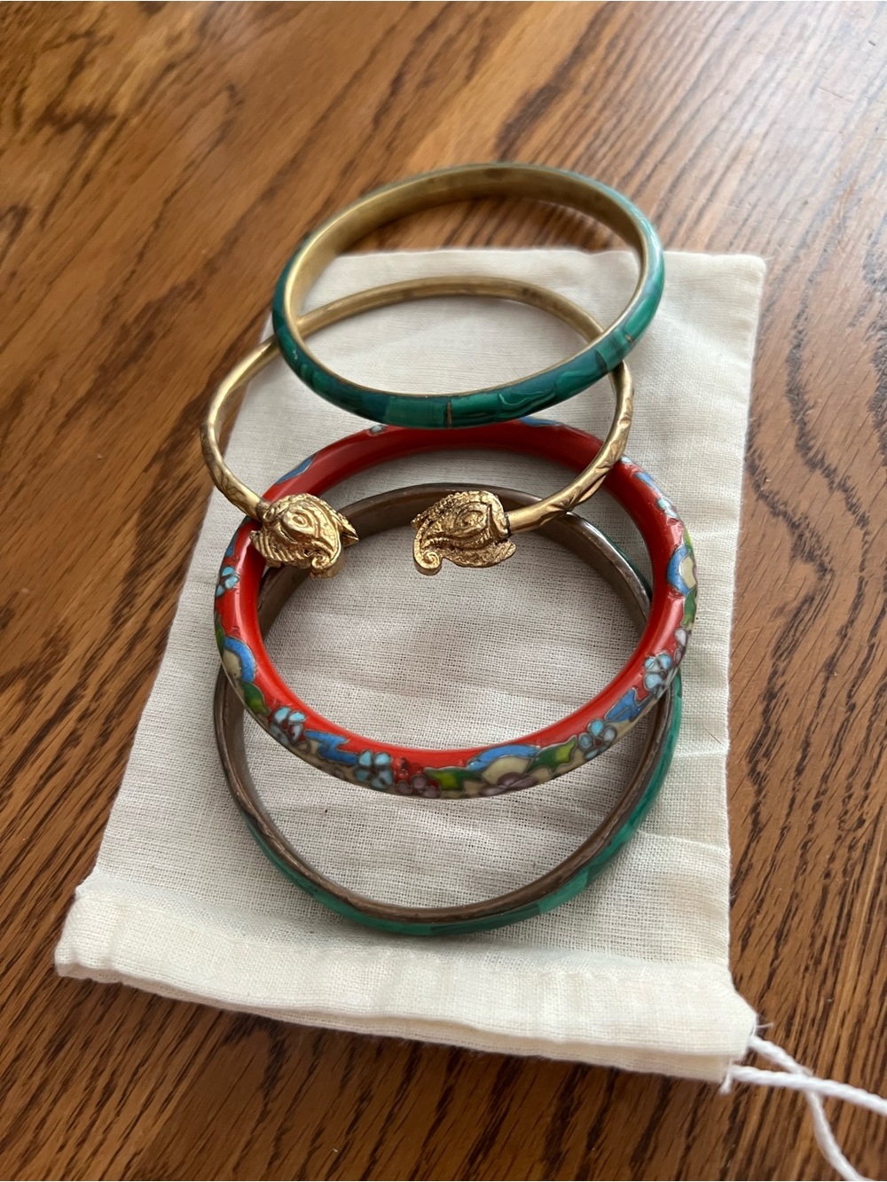 Stackable Floral Enamel and Gold-Tone Bangle Set - Green & Red